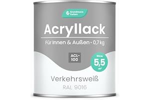 GRUNDMANN FARBEN Grundmann Acryllack ACL 100 - Weiß 0,7 Kg - 4in1 Lack inkl. Grundierung - Innen und Außen - Für Holz, Metall, Stein & Kunststoff - Verkehrsweiß RAL 9016