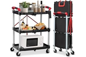 Towallmark Klappbar Servierwagen mit Rollen, 3 Etagen klappbar Rollwagen Küchenwagen 60x38x83cm Tragkraft 70 kg für Büro, Lager und Haus