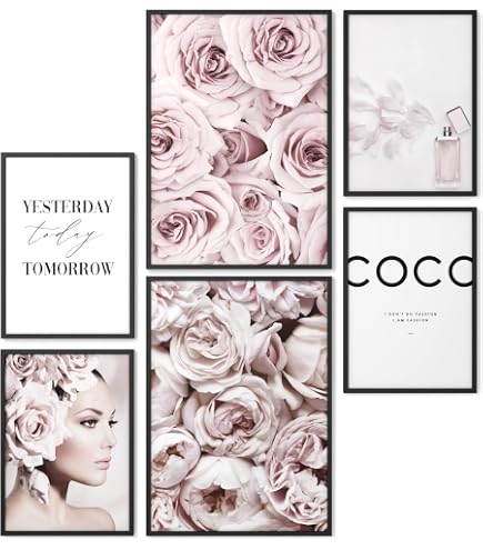 artpin® - Set di 6 poster per soggiorno, SENZA CORNICE! foto decorative per camera da letto, eleganti Stampe in formato A4 senza cornice, modello Coco Rosa W2