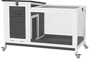 PawHut Conigliera da Esterno e Interno a Rotelle per 1-2 Conigli con Vassoio Estraibile e Ingressi Multipli, Casetta per Conigli in Legno di Abete e Acciaio, 91x51x66 cm, Grigio Bianco e Nero