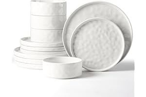 Herogo 12 Piece Dinner Set, Stoneware Dinnerware Sets for 4 People, Reactive Glaze Dining Plates and Bowls, Microwave and Dishwasher Safe, Chip and Scratch Resistant, Elegant Speckled Pearl White