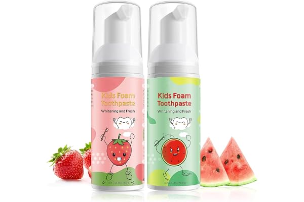 Dentifrice Enfants Mousse Blanchissant à Faible Teneur en Fluorure Pour Brosse à Dents en Forme de U, Réduit la Plaque (Fraise & Pastèque)
