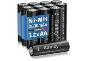 KAMCY Lot de 12 piles rechargeables AA 2800 mAh 1,2 V NI-MH (faible décharge, 1 500 cycles)