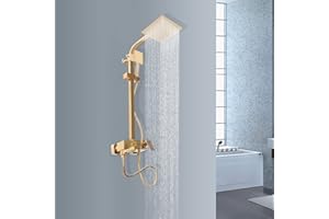 BURUIYOTEN Sistema de ducha de lluvia juego de ducha de masaje panel de ducha con ducha de mano grifo de ducha dorado barra de ducha 3 funciones juego de ducha empotrado en pared juego de ducha mezclador