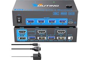 YOUTINGHDAV YOUTINGHDADAV Commutateur KVM 2 PC 2 moniteurs HDMI DP, USB 3.0, 8K@60Hz HDMI 2.1, 4K@144Hz DisplayPort 1.4 pour partage souris clavier avec télécommande filaire