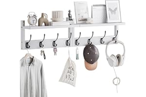 STELLSTAR Perchero con Estante de Pared, Estante de Bambú para Entrada, Juego de 2, Guía con Gancho de Pared para Mueble de Pasillo, Para Guardar Ropa, Sombreros, Llaves(Blanco+Negro)