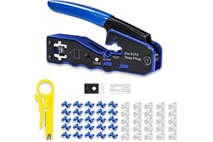 QINIYEK Pinza Crimpatrice RJ45 Pass Through Multifunzione Spelafili per Cavo Rete CAT5 CAT6/CAT6A e CAT7 Kit Strumento Crimpatura con 50pz Connettori Cat6 e 50pz Coperture di Protezione lame
