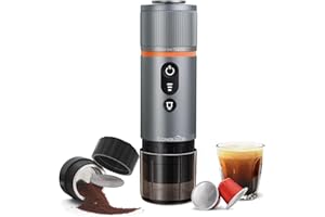 CONQUECO Machine à café espresso portable de voyage : cafetière électrique 12 V avec batterie pour camping, autochauffage en 2,5 minutes, compatible avec café moulu et capsule NS pour camping-car