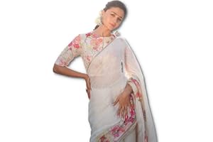 Sidhidata Textil-Saree für Damen, digitaler Blumendruck, reine Baumwolle, Leinen, mit ungenähtem Blusenteil