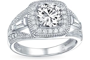 BLING JEWELRY L'Anello Di Fidanzamento Vintage In Stile Art Deco 2Ct Aaa Cz Pave Halo Piazza Taglio Cuscino Solitario Per Donne .925 Argento Split Baguette Pietra Laterale Banda Bordo Milgrain Personalizzabile