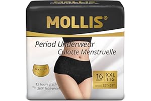 MOLLIS Bragas Menstruales Desechables para la Regla Mujer Postparto Ropa Interior Antifugas Flujo Abundante Negro Talla XXL 16 Unidades