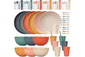 CSYY 66 szt. niezniszczalnych zestawów zastawy stołowej dla 6 osób, zestaw plastikowych talerzy i misek, lekkie kolorowe plastikowe talerze kempingowe, miski, kubki, zestaw sztućców, widelce