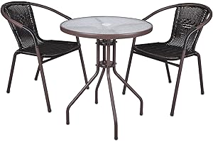 NEXOS TRADING Nexos Bistroset – 1 Glastisch & 2 Stühle – Stahlgestell Poly-Rattan Glasplatte – stapelbar – Farbe: dunkel-braun