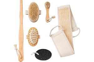 UERVOTON 6 PCS Ensemble de Brosses à Sec Corporel - Ensemble Brosse Corps Long Manche en Bois avec Pierre Ponce & Brosse Visage & Gant Exfoliant, Brosse de Gommage Douche à Soies de Sanglier pour Exfoliation