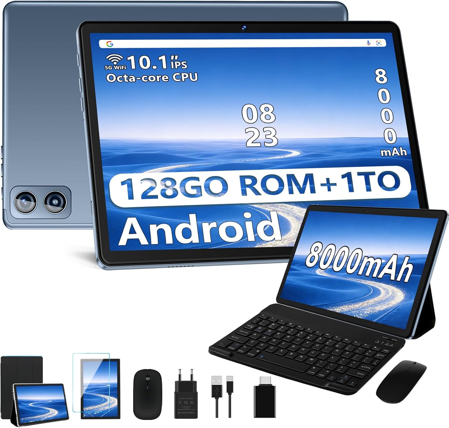 Dghrti Tablet 10 Pulgadas Android, 22GB RAM+128GB ROM (1TB TF), Octa-Core, 8000mAh, Widevine L1, Dual WiFi, BT 5.0, Face ID, 5MP+8MP, con Carcasa MetÃlica, Teclado y Ratón-Grey