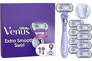 Gillette Venus Extra Smooth Swirl Women's Razor + 9 Razor Blade Refills, 5 durable blades to deliver an extra smooth shave that lasts