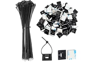 JatilEr 200 Pièces Serre Cable Plastique 150mm + Plastique Embases Adhesive pour Attache de Cable (18 mm x 18 mm), Serre-Câbles Auto Adhésif Supports Base pour Rangement câbles la Maison et le Bureau