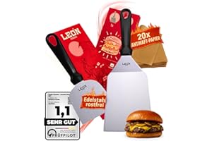 LEÓN Goods® : Grillspachtel Set [Edelstahl] Grill Spachtel/Plancha Spachtel (+20x Burger Papier) Teppanyaki Grillspachtel Edelstahl für Smash Burger, Fisch, Steaks UVM - rostfrei. (2-TLG.)