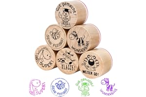 BETESSIN 6 Lehrerstempel Deutsch Stempel Grundschule Holz Stempelset für Lehrer Motivationsstempel Schule Kinder Rund Holzstempel mit Tier-Motiven Motivstempel Biene für Belohnung Motivation
