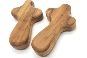 Zuluf Two Small Olive Wood Crosses Pocket Holding Comfort Crosses | Handheld Comforting Design for Clutching, Clinging and With Two Holy Land Certificates 6cm / 2.5 Inch Each Cross - CRS094