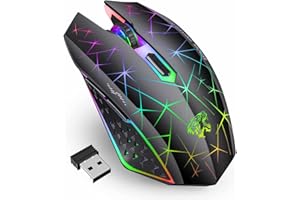 Uiosmuph V7 Senza Fili Mouse, Mouse da Gaming Gaming Wireless Ricaricabile, Clic Silenzioso, 3 DPI Regolabili, con 7 Pulsanti con 7 Colors LED Adatto per Laptop/PC/Notebook - Nero