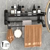 wolpin Stainless Steel Wall Shelves with Towel Hanger & Hooks Multipurpose Wall Mount Bathroom Storage Rack Box Strong Bathroom Accessories Rack Shelf, Set of 1, Black