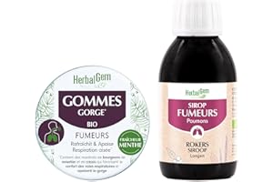 HerbalGem Sirop Fumeurs BIO, pour le Bien-être respiratoire du fumeur 250 ml BIO + Gommes gorge pour fumeurs 45GR