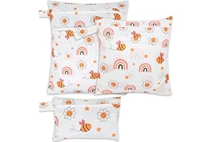FanChose 3 Pcs Baby Wet Dry Cloth Diaper Bag, Reusable Diaper Wet Bag, Washable Diaper Nappy Bags Waterproof Travel Carry Bag, Foldable Portable Nappy Pouch, Honeybee