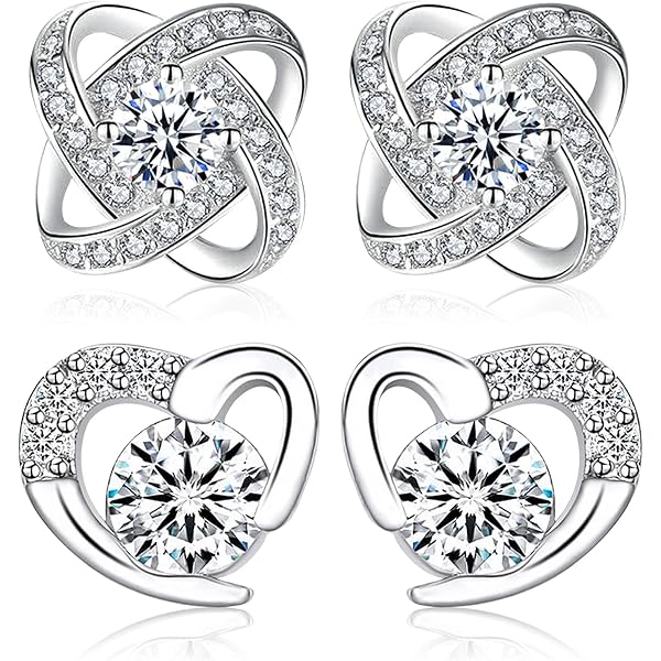 2 Paia Orecchini Donna Argento 925 - Borchie Cuore E Tondo Con Zirconi - Set CZ