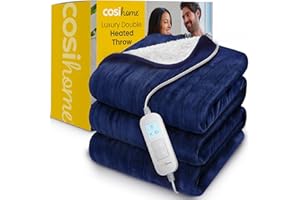 Cosi Home Manta Eléctrica Grande 200x150cm Tamaño Doble - Manta Termica, forro polar y sherpa lavables a máquina - Mando a distancia digital, temporizador y 10 ajustes de calor – Azul Marino