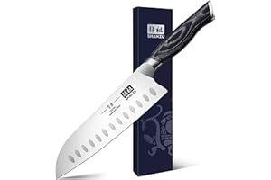 SHAN ZU Cuchillo Santoku 7 pulgadas, cuchillo de chef japonés, cuchillo de cocina, cuchillo para cocinar carne y verduras de acero súper afilado con mango ergonómico K133 - Serie Genbu