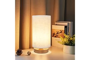YIFEID Lamp for Bedroom, Small Table Lamp Minimalist Bedside Light with Linen Fabric Shade Classic On/Off Switch and Natural Wooden Base Bed Side Lamp for Living Room, Office, Desk (Warm Light Bulb Included)