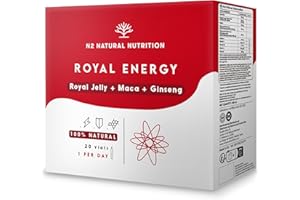 Royal Jelly, Maca Root and Ginseng. Energy Boost. Vitamin C to Strengthen The Immune System. Combats Fatigue and Boosts Physical Performance. Orange Flavor. 20 Vials. N2 Natural Nutrition