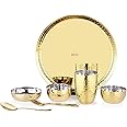Ebun Heavy Gauge Stainless Steel Dinner Set | Gold PVD Plated Steel Thali Set | Stainless Steel Dinner Set for Kitchen | Thali Set for Dinner | Pack of 1 | 7 Pieces | Gold PVD Plated