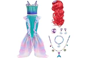 Cnexmin Déguisement Sirène Filles Robe Princesse Sirène Enfant Costume Sirène Filles Princesse avec Ensemble de Collier de Couronne Pour Costume Halloween Anniversaire Fêté Carnaval Cosplay 3-13 ans
