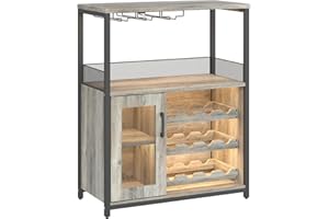 Aptliton Wine Cabinet with Removable Wine Rack, 3-Tier Bar Cabinet with LED Light, Baffle Door & Glass Holders, Industrial Kitchen Buffet Sideboard for Dining Room, 69x35x92 Cm, Grey