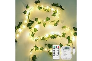 KASZOO 10M 100 LED Vines with Fairy Lights, Ivy Fairy Lights with Remote, Fake Vines Battery/USB Operated, Artificial Ivy Garland for Home Kitchen Garden Office Wedding Wall Decor (Warm White)