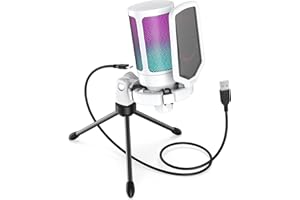 FIFINE USB Microphone for Gaming Streaming, PC Computer Desktop RGB Mic with Condenser Cardioid Capsule, Gain Knob, Shock Mount, Stand for Home Use, Online Meeting on Mac OS, Windows-A6V White