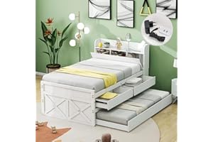 KUAKE Letto singolo 90 x 190 cm, in legno di pino massiccio, multifunzione, con cassetto estraibile, rete a doghe, comodino con ripiani con presa USB, letto per ragazzi (bianco)