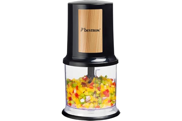 Bestron hachoir électrique, mini hachoir idéal pour les légumes, les oignons, Deux lames de coupe & capacité de 500 ml, Coleur: Noir/Argent