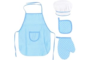 Fodlon Juego Chef para Niños, Ajustable Niños Delantal Cocina con Gorro de Chef, Manopla de Cocina para Niños, Tapete Resistente al Calor para Niños y Niñas de 3 a 8 Años (Azul)
