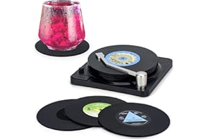 Valdivia Retro Vinyl Record Coasters with Player, Music Coasters Set of 6 for Drinks, Bars, Office, Unique Home and Coffee Table Decor, Housewarming Gifts for Music Lovers, Cool Birthday Gifts for Men