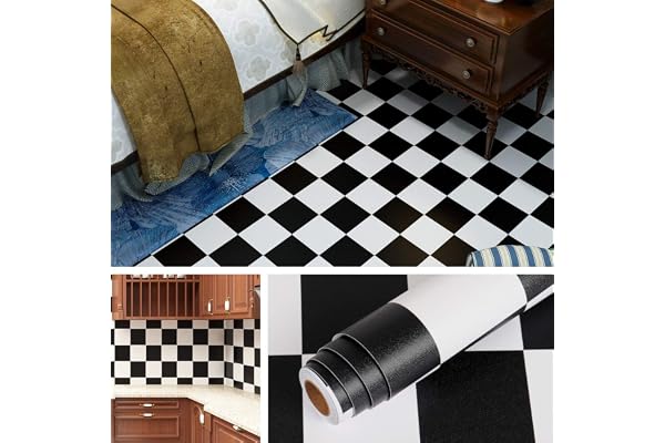 Livelynine 40CM X 10M Dalle PVC Adhesive Sol Carrelage Adhesif Mural Cuisine Papier Peint Épaissir Noir et Blanc Imperméable Amovible Vinyle Stickers Cuisine Salle de Bain Chambre Sol Murale Credence