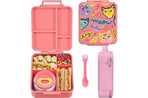 Maison Huis Pojemnik śniadaniowy dla dzieci, z przegródkami, zawiera termos, utrzymuje ciepło, pudełko na lunch dla dzieci do szkoły, przedszkola (różowy, zabawne koty)