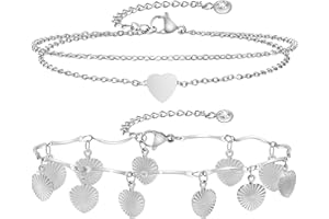 TempBeau Herz Fußkettchen Silber für Damen : 2Pcs Mehrreihige Fußkette Verstellbar Edelstahl Wasserfest Fußkettchen für Frauen Mädchen Fußschmuck Geschenke