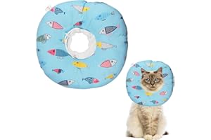 CHANGRONGSHENG Cat Recovery Collar Cone Protective Cat Anti Licking Collar Cute Fishes Pattern Soft Edge Cotton Pet Cone Collar Adjustable Fastener Anti-bite Collar After Surgery Comfy Lightweight for Cat Dog, 1kg