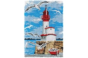 ROCKY&CHAO Knüpfhaken-Teppich-Set DIY-Knüpfhaken Teppichherstellungs-Set für Erwachsene Kinder Kreuzstich Teppichherstellung Heimdekoration 60 x 40 cm （Roter Leuchtturm）