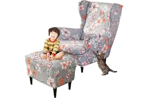 LinFortune 2-delat Wingback stolsöverdrag med ottoman-skydd, stretch vinge stolskydd spandex wingback fåtöljöverdrag halkfrit