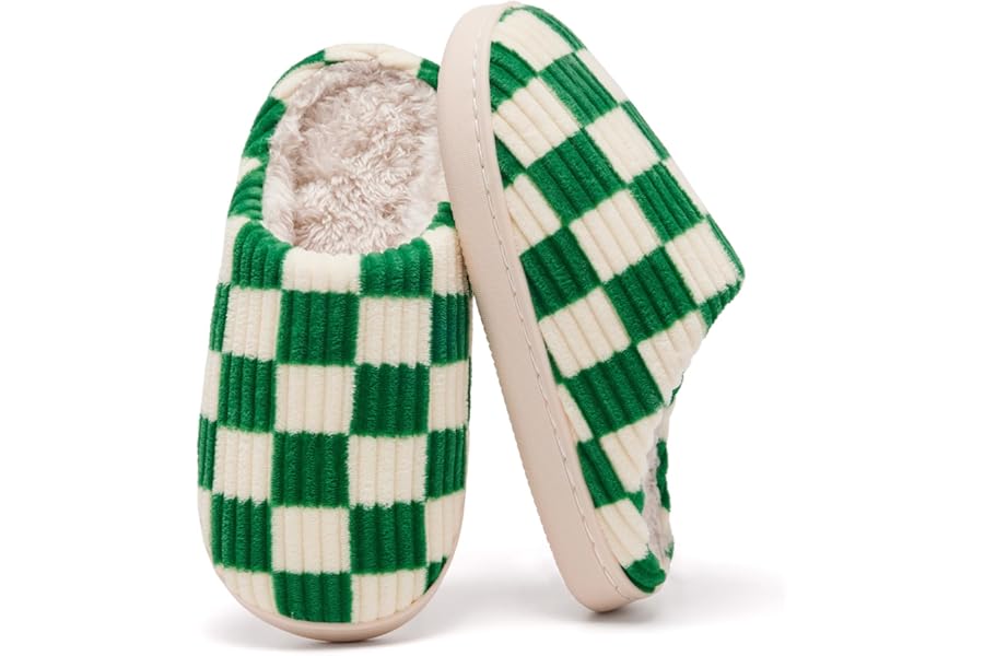 Guyarns Kids Slippers for Boys Girls Plush Lined Memory Foam Checkered Slippers Non-Slip Sole Winter Warm Bedroom Cloud House Shoes Indoor Outdoor