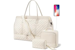 ETRONIK Weekend Overnight Bag for Women, Large Travel Duffle Bag with Shoe Compartment & Wet Pocket, Carry On Tote Bag Gym Duffel Bag with Toiletry Bag, Bag for Hospital 3 Pcs Set, Beige-1 M